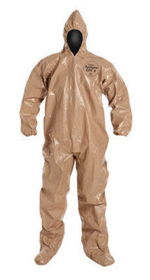 DuPont Large Tan Tychem CPF3 Chemical Protection Coveralls With Taped Seams, Storm Flap Over Front Zipper Closure, Attached Hood And Elastic Wrists And Ankles