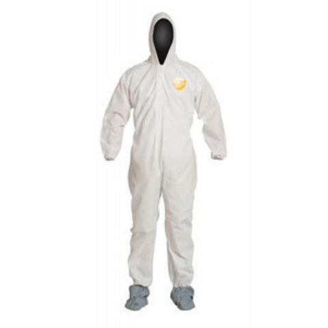 DuPont Large White 12 mil ProShield Basic Chemical Protection Coveralls With Serged Seams, Front Zipper Closure, Attached Hood, Elastic Wrists, Ankles And Waist And Attached Skid-Resistant Boots