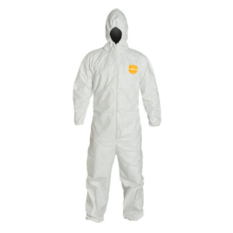 DuPont Medium White 12 mil ProShield Basic Chemical Protection Coveralls With Serged Seams, Front Zipper Closure, Attached Hood And Elastic Waist, Wrists And Ankles