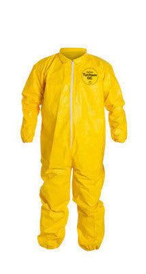 DuPont Large Yellow Tychem QC Chemical Protection Coveralls With Serged Seams, Front Zipper Closure, Elastic Wrists And Elastic Ankles
