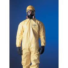 DuPont Large Yellow Tychem QC Chemical Protection Coveralls With Serged Seams, Front Zipper Closure, Attached Hood, Elastic Face, Elastic Wrists And Elastic Ankles