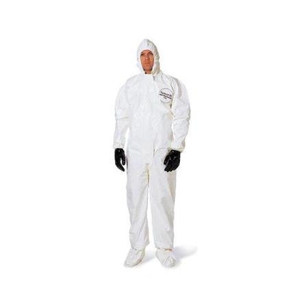 DuPont 3X White Tychem SL Chemical Protection Coveralls With Bound Seams, Storm Flap Over Front Zipper Closure, Attached Hood, Attached Sock Boots, Elastic Face And Elastic Wrists