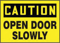 Accuform Signs 7" X 10" Black And Yellow .040 Aluminum Admittance And Exit Sign "Caution Open Door Slowly"