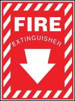 Accuform Signs 10" X 7" Red And White Adhesive Vinyl Value Extinguisher Sign "Fire Extinguisher" With Down Arrow