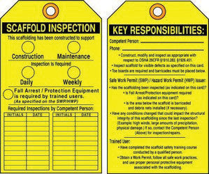 Accuform Signs 5 5/8" X 3 3/8" Yellow And Black RP-Plastic Two Sided Scaffold Status Tag "Scaffold Inspection/Key Responsibilities" (25 Per Pack)