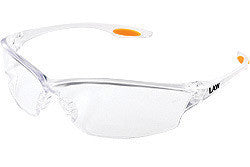 Crews Law 2 Safety Glasses With Clear Frame, Clear Polycarbonate Duramass Scratch-Resistant Lens, TPR Nose Pad And Orange Temple Inserts