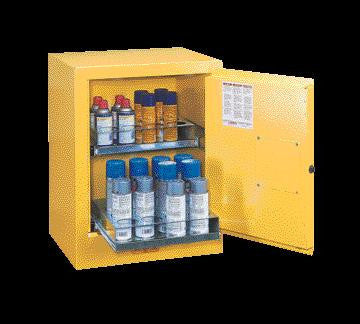Justrite 27" X 21" X 18" Yellow Aerosol Can Bench Top Safety Cabinet With 2 Sure-Grip Self-Latching Doors And 2 Easy Roll-Out Shelves