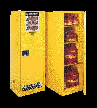 Justrite 65" X 23" X 18" Yellow 22 Gallon Slimline Sure-Grip EX Safety Cabinet With 1 Manual Door And 3 Shelves