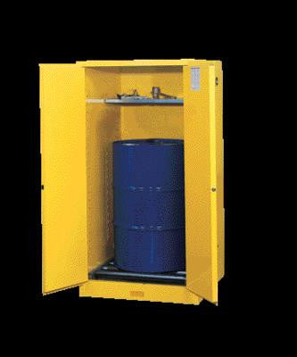 Justrite 65" X 34" X 34" Yellow 55 Gallon Sure-Grip EX Safety Cabinet For 1 Vertical Drum With 2 Self-Closing Doors, 1 Shelf, And Removable Drum Rollers In Base