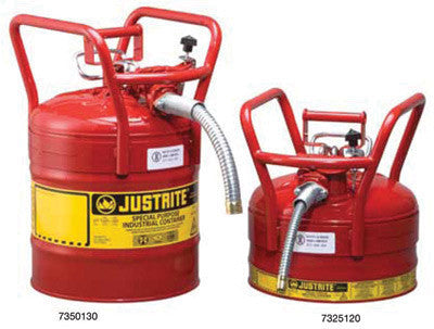 Justrite 5 Gallon Red Type II AccuFlow Transport And Dispensing Safety Cans With Attached 1" X 9" Flexible Metal Hose