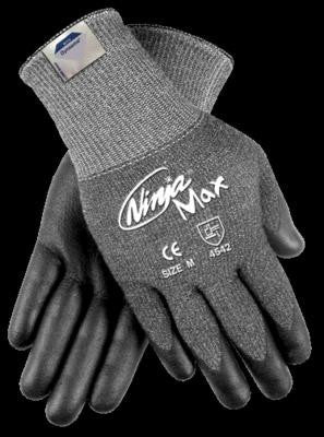 Memphis Large Ninja Max 10 Gauge Black Polyurethane And Nitrile Dipped Palm And Finger Coated Work Gloves With Dark Gray Dyneema And Lycra Liner
