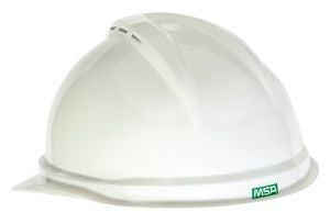 MSA White V-Gard 500 Class C Type I Polyethylene Vented Hard Cap With Fas-Trac 6-Point Suspension And Glaregard Underbrim