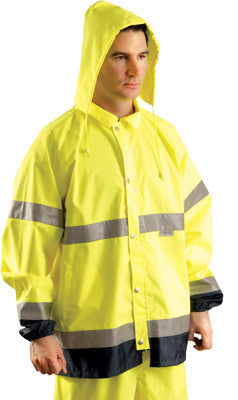 OccuNomix Large Hi-Viz Yellow And Navy Polyester With PU Coating Rain Jacket With Sealed Seams, Front  Zipper And Snap Closure, Zipper Detachable Hood, Two Outside Lower Pockets And 2" 3M Scotchlite Reflective Stripes