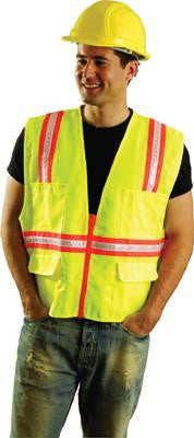 OccuNomix Medium Yellow OccuLux Woven Twill Polyester Non-ANSI Economy Two-Tone Vest With Zipper Front Closure, 3/4" White Gloss Tape Striping On Orange Trim And 10 Pockets