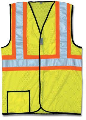OccuNomix Large Hi-Viz Yellow OccuLux Lightweight Polyester And Mesh Class 2 Two-Tone Vest With Front Hook And Loop Closure, 2" 3M Scotchlite Reflective Tape Striping And 2 Pockets