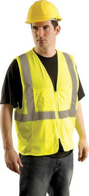 OccuNomix Large - X-Large Yellow OccuLux Lightweight Mesh Class 2 Economy Surveyor's Vest With Zipper Front Closure, 2" Silver Reflective Tape Striping And 12 Pockets