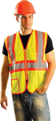 OccuNomix Large Hi-Viz Yellow Lightweight Mesh Class 2 Vest With Zipper Front Closure, 2" Silver Reflective Tape Striping And 2 Pockets