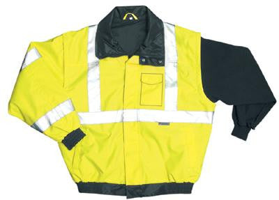OccuNomix Large Yellow PVC Coated Polyester Class 3 Weather Resistant Bomber Jacket With Front Hook And Loop Closure, 2" 3M Scotchlite Reflective Tape Striping And 2 Pockets
