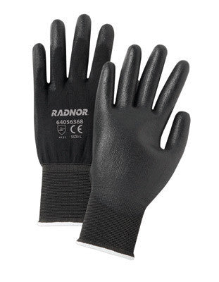 Radnor Medium 13 Gauge Economy Black Polyurethane Palm Coated Work Gloves With Gray Nylon Knit Liner