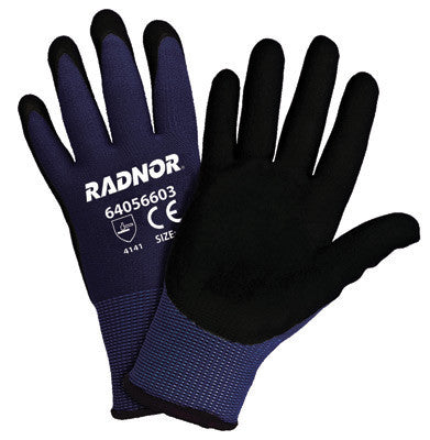 Radnor Medium 15 Gauge Black Nylon Microfoam Nitrile Palm Coated Work Gloves With Blue Seamless Nylon Liner And Dotted Finish