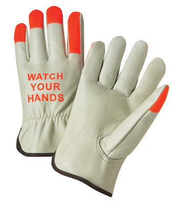 Radnor Large Select Grain Cowhide Unlined Drivers Gloves With Keystone Thumb, Shirred Elastic Cuff, Hi-Vis Orange Fingertips And  "Watch Your Hands" Logo On Back