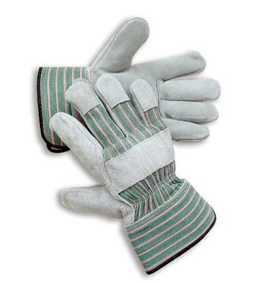 Radnor Large Premium Select Shoulder Grade Split Leather Palm Gloves With Rubberized Safety Cuff, Striped Canvas Back And Reinforced Knuckle Strap, Pull Tab, Index Finger And Fingertips