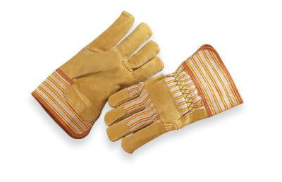 Radnor Large Premium Grade Split Pigskin Leather Palm Gloves With Rubberized Safety Cuff, Striped Canvas Back And Reinforced Knuckle Strap, Pull Tab, Index Finger And Fingertips