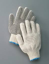 Radnor Ladies Natural Medium Weight Polyester/Cotton String Gloves With Knit Wrist And Single Side Black PVC Dot Coating