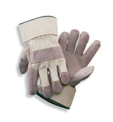 Radnor Large Premium Select Shoulder Grade Split Leather Palm Gloves With Rubberized Safety Cuff, Heavy White Duck Canvas Back And Reinforced Knuckle Strap, Pull Tab, Index Finger And Fingertips