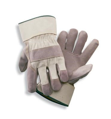 Radnor 2X Side Split Leather Palm Gloves With Safety Cuff, Duck Canvas Back And Reinforced Knuckle Strap, Pull Tab, Index Finger And Fingertips