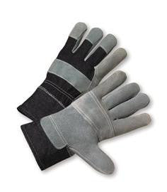 Radnor Large Economy Grade Split Leather Palm Gloves With Safety Cuff, Denim Back And Leather Palm Patch, Reinforced Knuckle Strap, Pull Tab, Index Finger And Fingertips