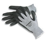 Radnor Small Gray String Knit Gloves With Black Latex Palm Coating And Yellow Hem