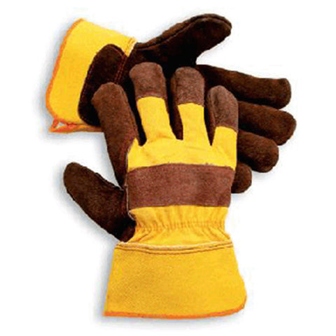Radnor Large Premium Select Shoulder Grade Split Leather Palm Gloves With Yellow Rubberized Safety Cuff, Heavy Yellow Canvas Back And Reinforced Index And Middle Finger