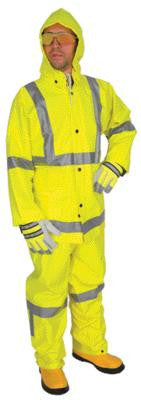 River City Garments X-Large Fluorescent Lime Luminator .38 mm Polyester And PVC Flame Resistant 3 Piece Rain Suit With Silver Reflective Stripes (Includes Jacket With Front Snap Closure, Detached Hood And Snap Fly Bib Pants)