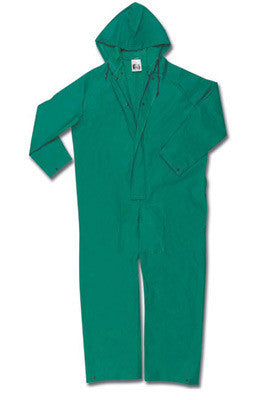 River City Garments 2X Green Dominator .42 mm Polyester And PVC Flame Resistant Rain Coveralls With Front Zipper Closure And Attached Hood