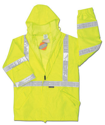 River City Garments Large Fluorescent Lime Luminator Pro Polyester And Polyurethane Rain Jacket With Front Zipper Closure, Attached Hood And Reflective Stripes