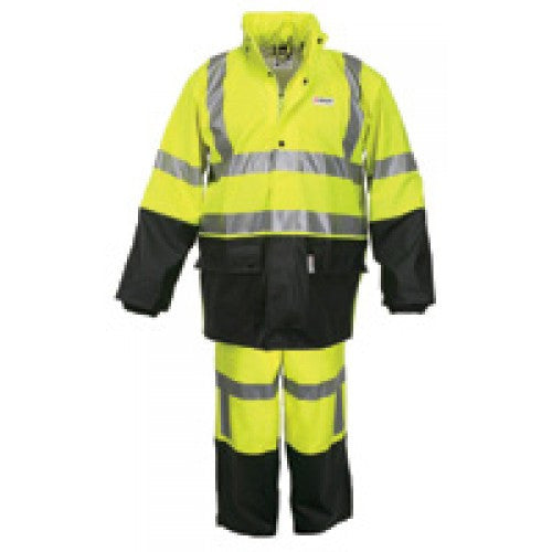 River City Garments 2X Fluorescent Lime And Black Luminator .40 mm Polyurethane And Cotton Class 3 Flame Retardant 2 Piece Rain Suit With 3M Reflective Stripes (Includes Jacket With Front Zipper Closure, Attached Hood And Pants)
