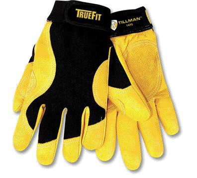 Tillman 2X Black And Gold TrueFit Premium Full Finger Top Grain Cowhide And Spandex Mechanics Gloves With Elastic Cuff, Double Leather Palm, Reinforced Thumb, And Smooth Surface Fingers